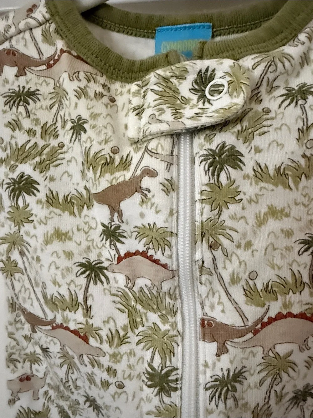 Gymboree White Dino Print Short Sleeve Zipper Romper with Green Trim